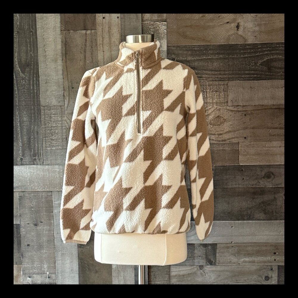 Cream brown herringbone half zip funnel neck sweater small coastal cowgirl